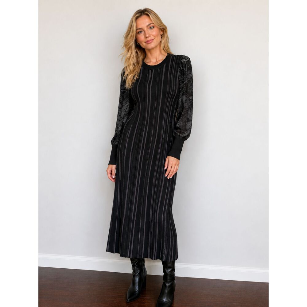 Conditions Apply Janel Knit Dress NWT Black Gray Stripe Size L